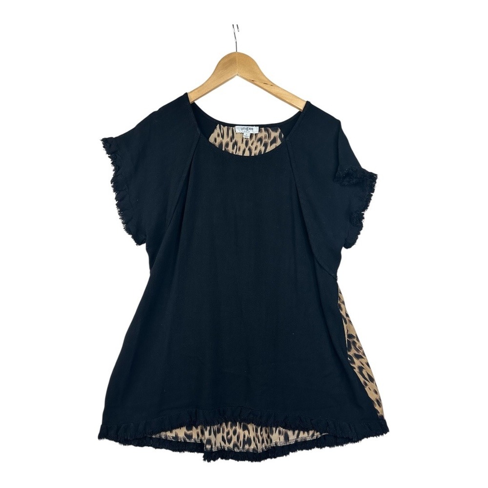 Umgee Linen‎ Blend Leopard Print Back Fringe Hem Short Sleeve Blouse size Small